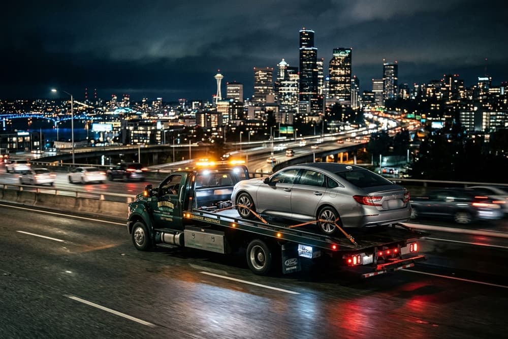 Tow truck on highway at night
